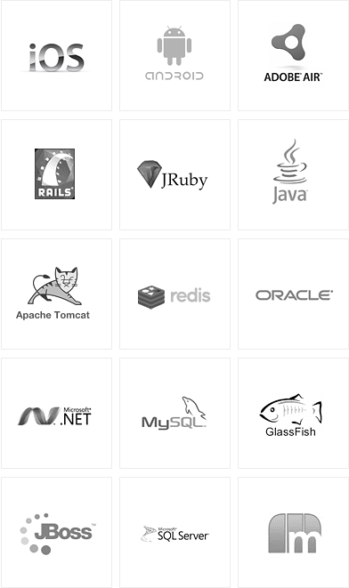 Hundredwatt Technologies logos, including iOS, android, adobe air, ruby on rails, jruby, java, apache tomcat, redis, oracle, microsoft.net, mysql, glassfish, jboss, microsoft SQL Server, mongo database Hundredwatt Technologies logos, including iOS, android, adobe air, ruby on rails, jruby, java, apache tomcat, redis, oracle, microsoft.net, mysql, glassfish, jboss, microsoft SQL Server, mongo database